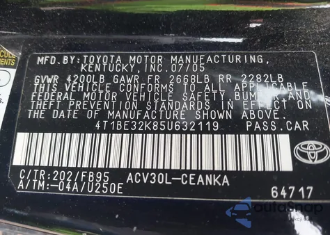 2005 Toyota Camry Le from USA, damaged, VIN 4T1BE32K85U632119